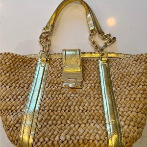 Michael Kors Gold and Tan Woven Handbag